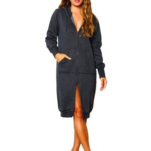 Women`s Long Sleeve Zip Up Hooded Sweater Dress, Washedblack, Regular S-M-L.